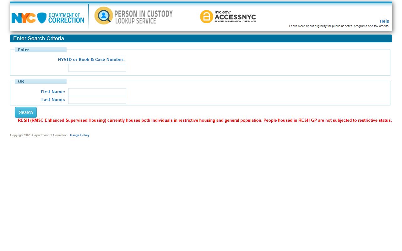 NYC Department of Correction inmate lookup tool for searching the New York City jail roster