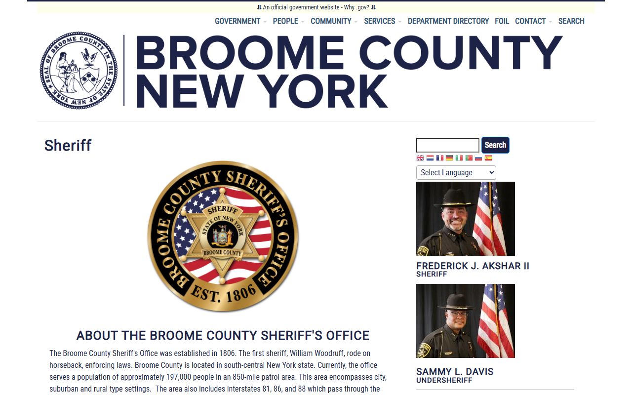 Broome County Sheriff's Office website used for jail roster searches in Broome County, New York