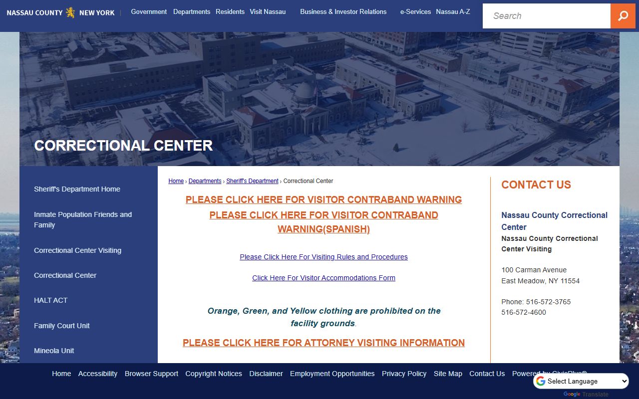 Nassau County Correctional Center information page used for Nassau County jail roster searches