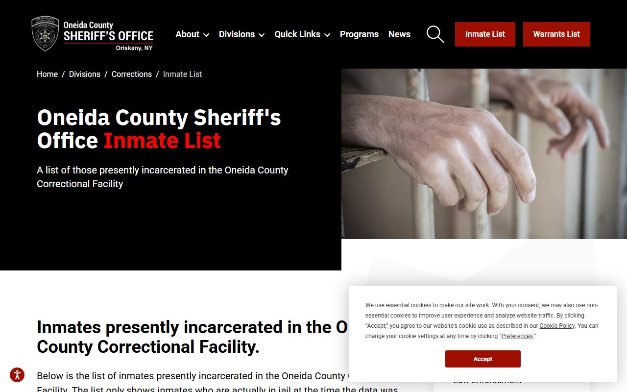 Oneida County Sheriff inmate list page used for jail roster searches in Oneida County, New York