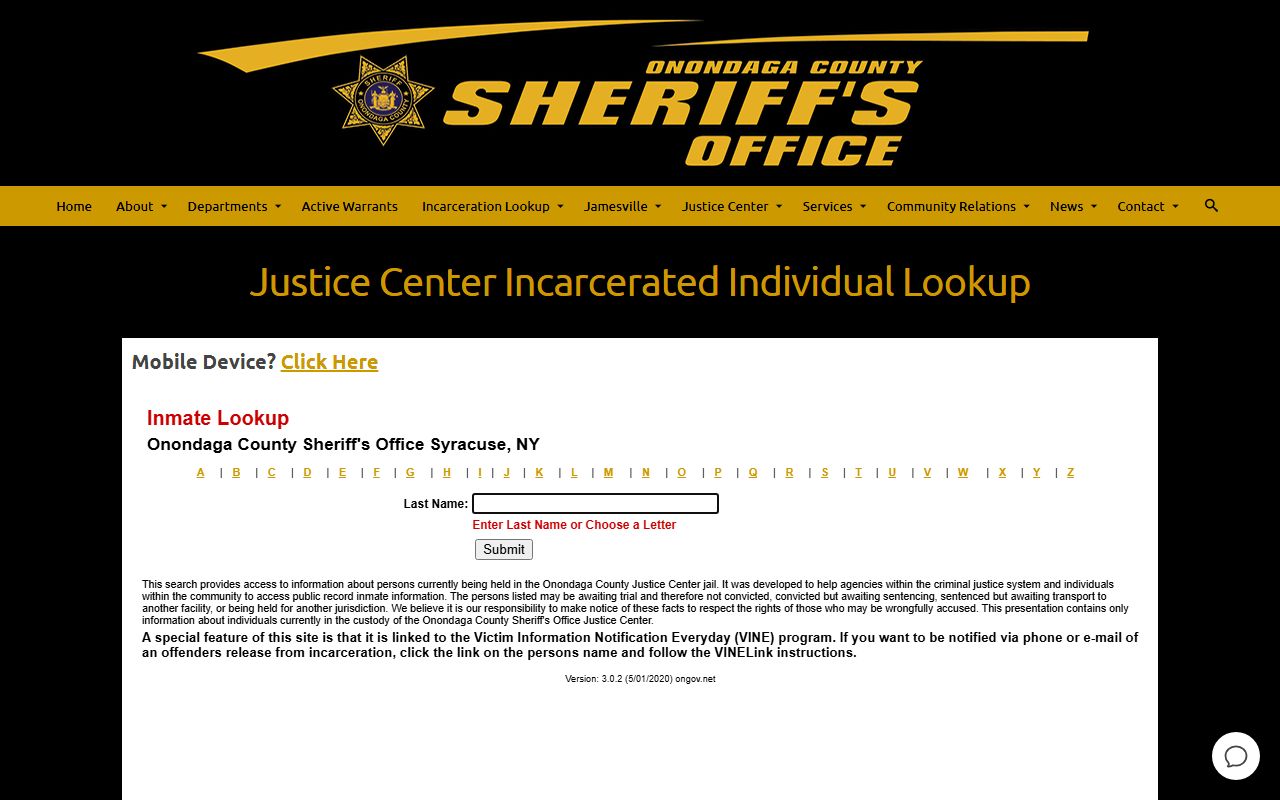 Onondaga County Sheriff inmate lookup tool used for Syracuse jail roster searches