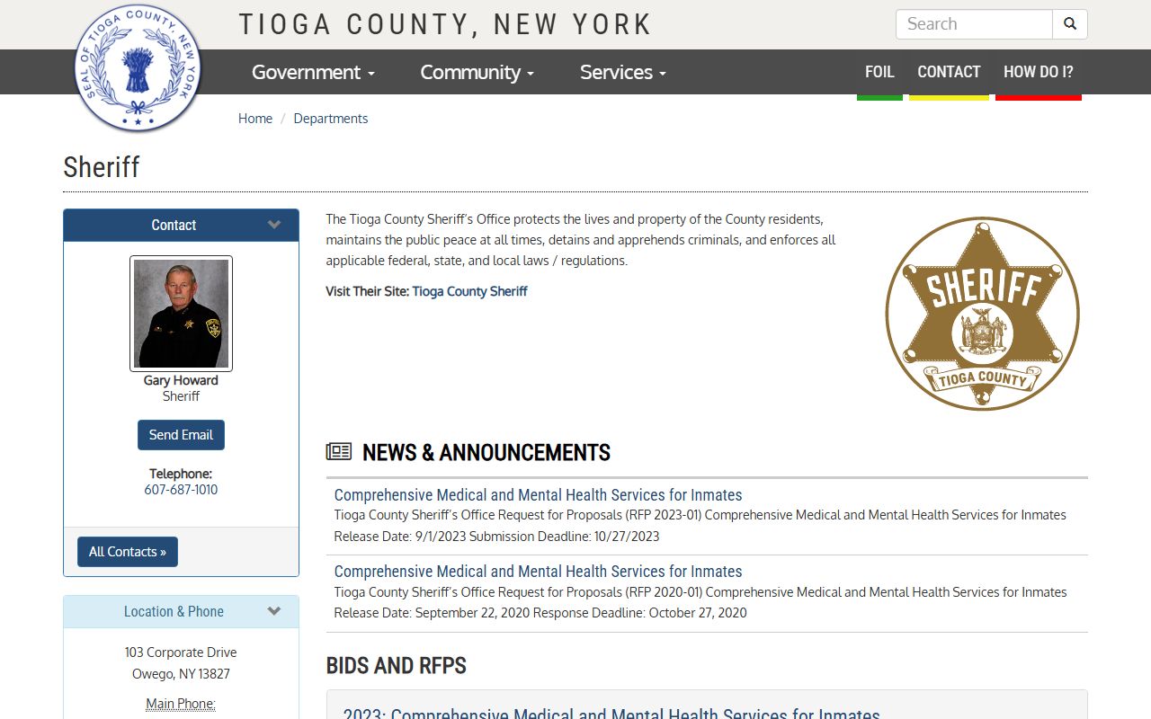 Tioga County Sheriff's Office website used for Tioga County jail roster searches