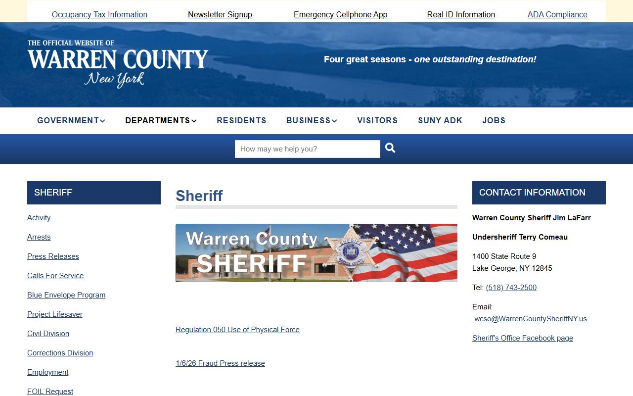 Warren County Sheriff's Office website used for Warren County jail roster searches