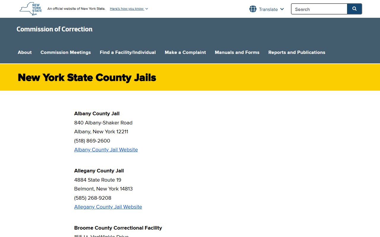 New York State Commission of Correction county jail directory